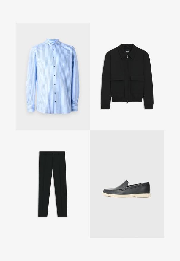 Giacca bomber nera con colletto, chiusura a zip frontale e due grandi tasche con patta. Presenta polsini e orlo a costine, realizzata in tessuto testurizzato.; Camicia button-up azzurra chiaro con righe verticali bianche, maniche lunghe e colletto aperto. Presenta bottoni blu e dettagli ai polsini.; Pantaloni neri in tessuto lisci, con design a gamba dritta. Presentano una chiusura frontale con bottone e passanti per cintura. Senza fantasie.; Mocassini neri in pelle con finitura testurizzata e suola in gomma beige a contrasto. Presentano un accento sottile lungo la parte anteriore.