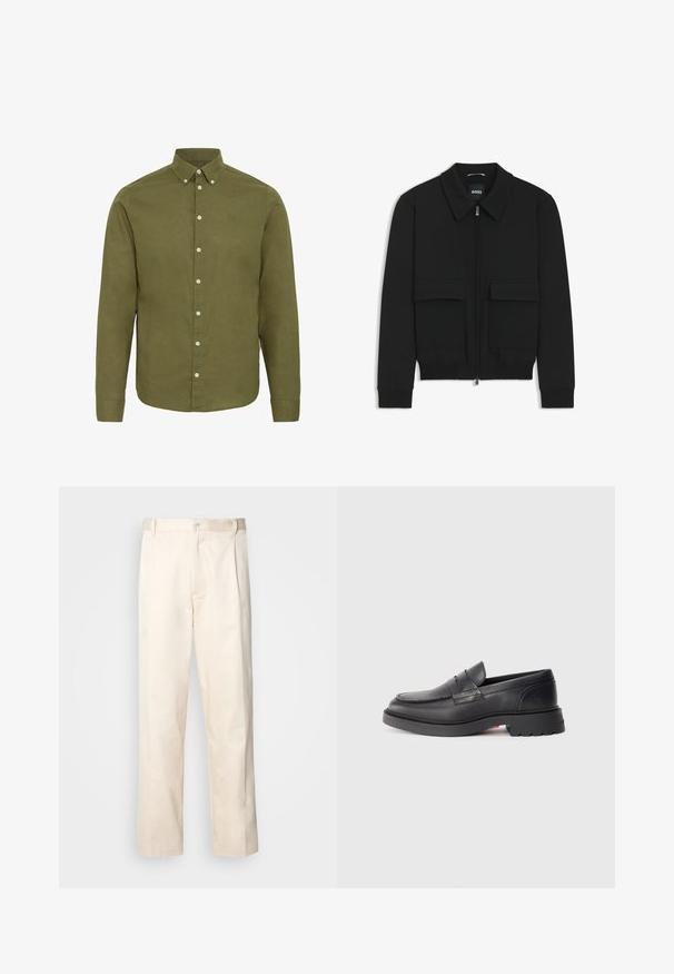 Giacca bomber nera con colletto, chiusura a zip frontale e due grandi tasche con patta. Presenta polsini e orlo a costine, realizzata in tessuto testurizzato.; Camicia verde oliva a maniche lunghe con colletto button-down, patta frontale e bottoni bianchi. Presenta un tessuto leggermente texturizzato e dettagli di ricamo.; Pantaloni in cotone beige con taglio dritto, dotati di chiusura a bottone e pence sul davanti per un tocco di dettaglio in più.; Mocassini in pelle nera con punta rotonda, cucitura rialzata e suola in gomma spessa. Design semplice con minimal branding sul lato.
