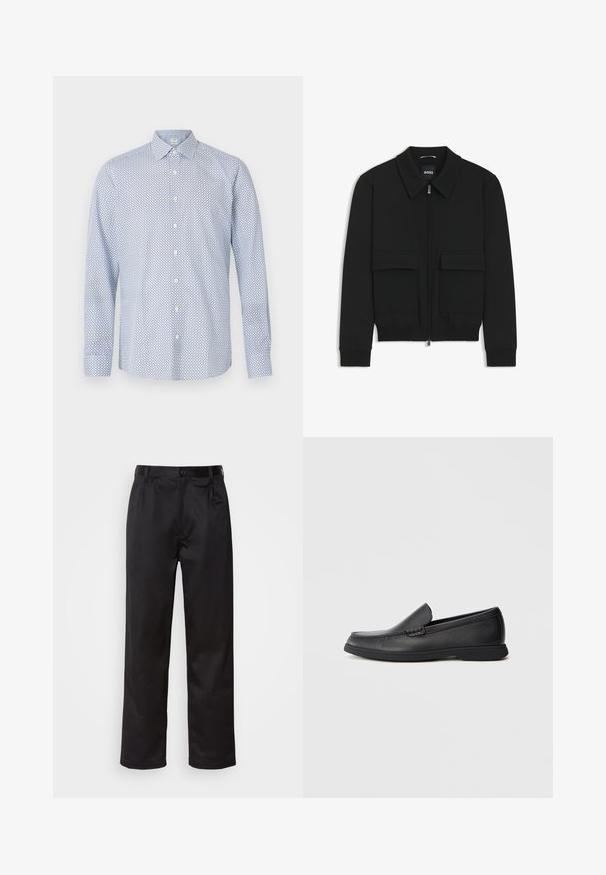 Giacca bomber nera con colletto, chiusura a zip frontale e due grandi tasche con patta. Presenta polsini e orlo a costine, realizzata in tessuto testurizzato.; Camicia a maniche lunghe con bottoni di colore azzurro chiaro, caratterizzata da un motivo geometrico e da bottoni bianchi, con un colletto a punta e una vestibilità rilassata.; Pantaloni neri realizzati in tessuto morbido, con chiusura frontale a bottone, pieghe e gambe dritte. Nessun motivo o accento visibile.; Mocassino slip-on in pelle nera con sopra testurizzato, punta arrotondata, tacco basso e suola in gomma, mostrato in profilo laterale su sfondo bianco.