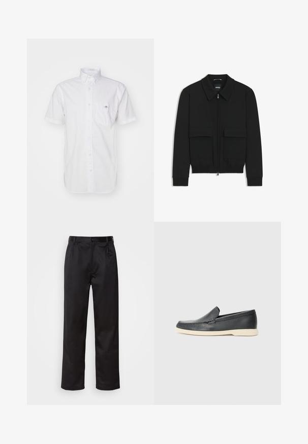 Schwarze Bikerjacke mit Kragen, Reißverschluss vorne und zwei großen Taschen mit Klappen. Mit Rippstrickbündchen und Saum, aus strukturiertem Stoff gefertigt.; Kurze, weiße Hemdbluse aus leichtem Baumwollstoff, mit einer Brusttasche und dezentem Logo auf der Tasche. Glatte Textur.; Schwarze Hosen aus glattem Stoff, mit einem Knopfverschluss vorne, Falten und geraden Beinen. Keine sichtbaren Muster oder Akzente.; Schwarze Leder-Slipper mit strukturiertem Finish und einer kontrastierenden beige Gummisohle. Mit einem dezenten Akzent an der Vorderseite.