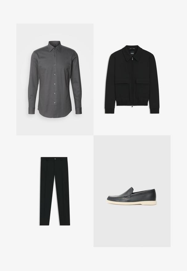 Zwarte bomberjack met een kraag, rits aan de voorkant en twee grote klepzakken. Heeft geribde manchetten en onderrand, gemaakt van textuurstof.; Heren overhemd met lange mouwen in donkergrijs, gemaakt van een textuurstof, met een knoopsluiting aan de voorkant en een klassieke kraag. Glad afwerking, moderne pasvorm.; Zwarte dresspants met een recht pasvorm, gemaakt van een gladde stof. Heeft een sluiting met een knoop aan de voorkant en ceintuurlussen. Effen zonder patronen.; Zwarte leren instappers met een gestructureerde afwerking en een contrasterende beige rubberen zool. Beschikt over een subtiele accent langs de voorkant.