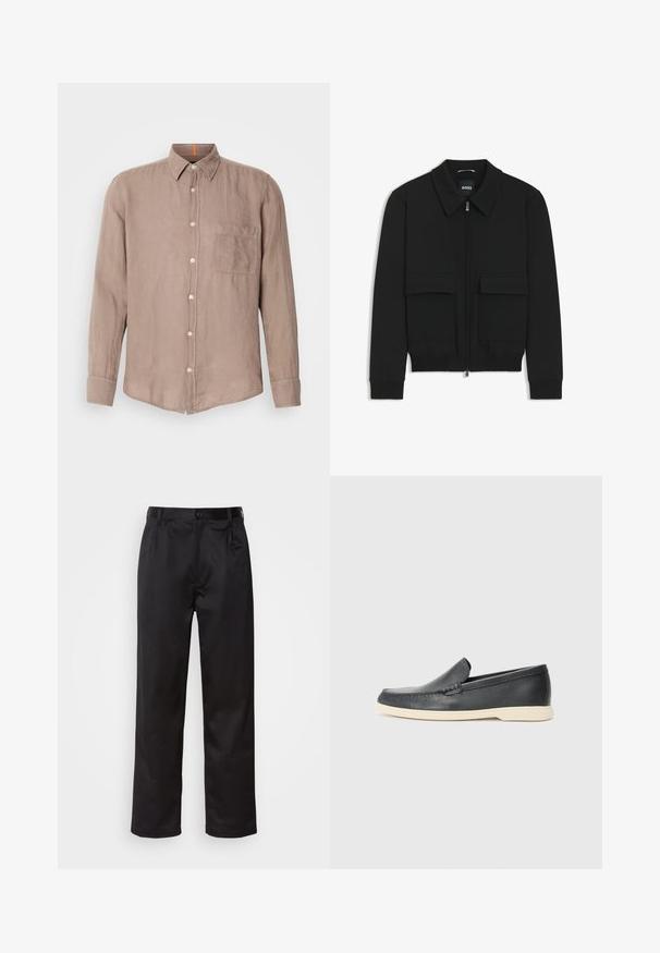 Musta pommikohva takki, jossa on kauluskulli, vetoketju etupuolella ja kaksi suurta läpällistä taskua. Varustettu ribbireunuksilla hihoissa ja helmassa, valmistettu teksturoituneesta kankaasta.; Vaaleanruskea, pitkähihainen pellavapaita, jossa on nappikiinnitys-kaulus, rintatasku ja vaaleat napit. Teksturoitu kangas ja rento mitoitus.; Musta housut sileästä kankaasta, joissa on etupainike, laskokset ja suorat lahkeet. Ei näkyviä kuvioita tai korostuksia.; Mustat nahkakengät ilman nauhoja, joissa on teksturoitu pinta ja kontrastoiva beige kumipohja. Kengissä on hillitty yksityiskohta etuosassa.