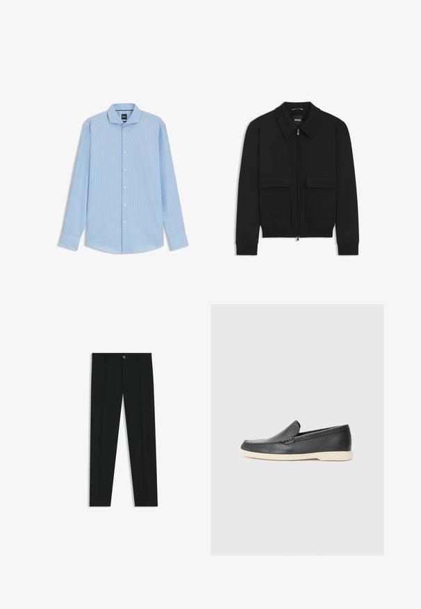 Musta pommikohva takki, jossa on kauluskulli, vetoketju etupuolella ja kaksi suurta läpällistä taskua. Varustettu ribbireunuksilla hihoissa ja helmassa, valmistettu teksturoituneesta kankaasta.; Vaaleansininen pitkähihainen nappipaita, jossa on pieni ruutukuosi, klassinen kaulus ja valkoiset napit. Puuvillasekoitekangasta, jonka pinta on sileä.; Musta housut, joissa on suora lahje, valmistettu sileästä kankaasta. Edessä nappisulku ja vyölenkit. Yksinkertainen ilman kuvioita.; Mustat nahkakengät ilman nauhoja, joissa on teksturoitu pinta ja kontrastoiva beige kumipohja. Kengissä on hillitty yksityiskohta etuosassa.