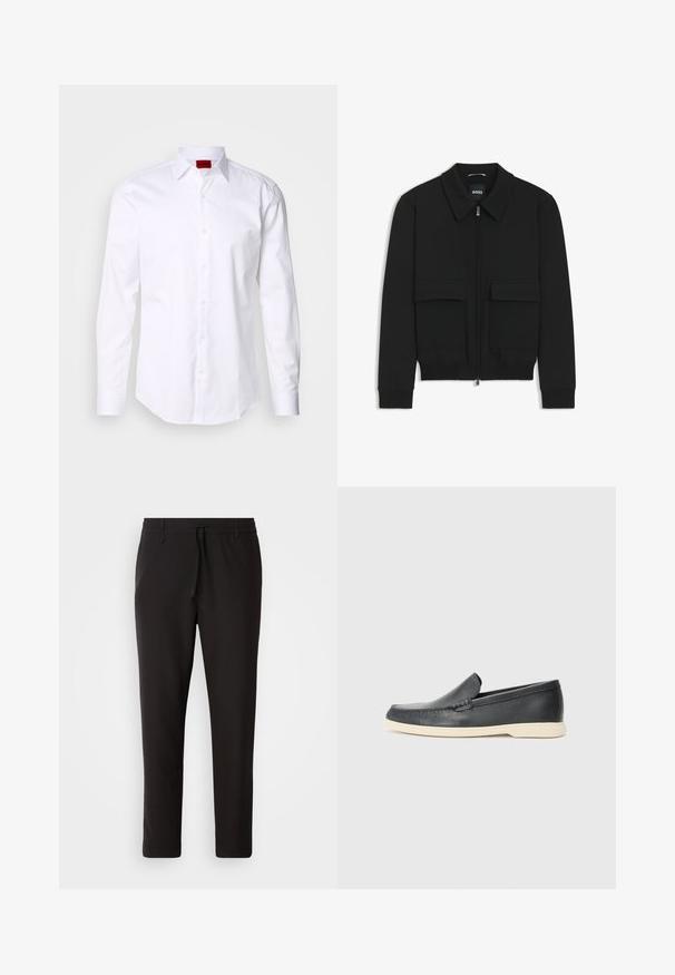 Veste bomber noire avec col, fermeture éclair à l'avant et deux grandes poches à rabat. Dotée de poignets et d'un bas côtelés, fabriquée en tissu texturé.; Chemise blanche à manches longues avec texture en chevron, col boutonné et étiquette logo rouge à l'intérieur du col. Coupe standard avec des boutons à l'avant.; Pantalons de jogging noirs en tissu lisse. Dotés d'une taille élastique avec cordon de serrage, jambes fuselées, et sans poches visibles. Design simple.; Mocassins noirs en cuir à enfiler avec une finition texturée et une semelle en caoutchouc beige contrastante. Présente un accent subtil sur le devant.