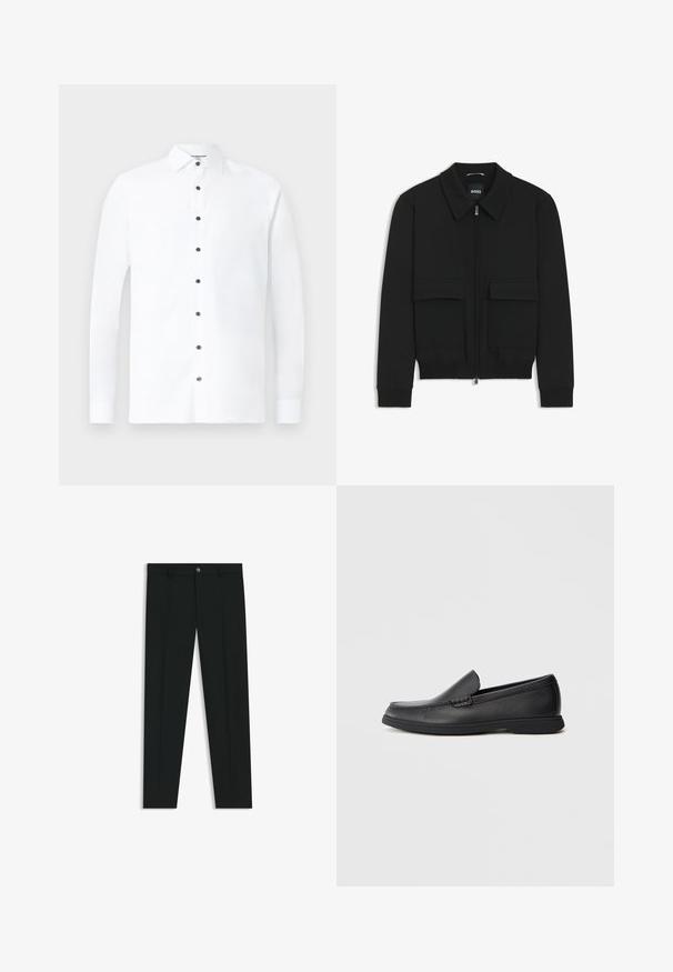 Black bomber jacket with a collared neck, zip front, and two large flap pockets. Features ribbed cuffs and hem, made of textured fabric.; White long-sleeve shirt made of cotton, featuring a classic collar, black button closure, and buttoned cuffs. Smooth texture with minimal design.; Black dress pants with a straight-leg design, made of smooth fabric. Features a front button closure and belt loops. Plain without patterns.; Black leather slip-on loafer with textured upper, rounded toe, low heel, and rubber sole, shown in side profile on white background.