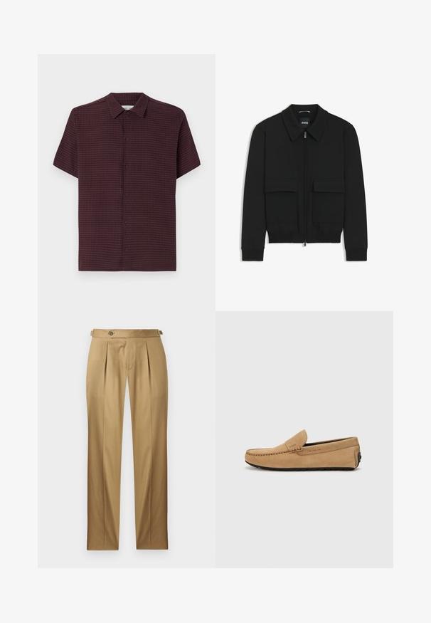Giacca bomber nera con colletto, chiusura a zip frontale e due grandi tasche con patta. Presenta polsini e orlo a costine, realizzata in tessuto testurizzato.; Camicia a maniche corte in tessuto testurizzato di un borgogna scuro con chiusura frontale a bottoni e un discreto motivo a quadri. Presenta un colletto classico e una vestibilità rilassata.; Pantaloni beige con vestibilità dritta, caratterizzati da pinces, chiusura con bottone e passanti per cintura. Tessuto liscio con un aspetto pulito e sartoriale.; Mocassino in suede beige con punta cucita, design slip-on e suola in gomma nera. Presenta un marchio discreto sul lato.