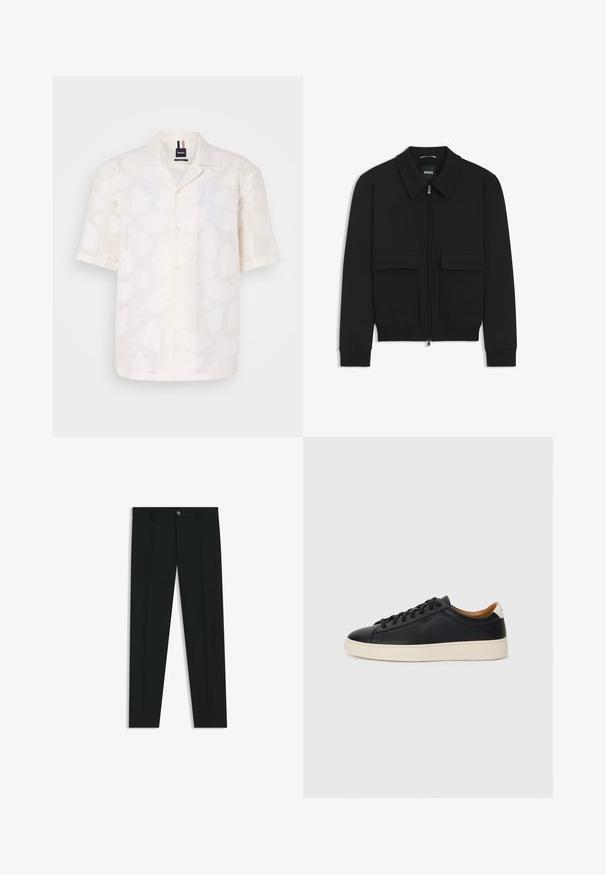 Zwarte bomberjack met een kraag, rits aan de voorkant en twee grote klepzakken. Heeft geribde manchetten en onderrand, gemaakt van textuurstof.; Korte mouwen, wit overhemd van een lichtgewicht stof met een subtiel bloemenpatroon, met een knoopsluiting aan de voorkant en een klassiek kraagontwerp.; Zwarte dresspants met een recht pasvorm, gemaakt van een gladde stof. Heeft een sluiting met een knoop aan de voorkant en ceintuurlussen. Effen zonder patronen.; Zwarte leren sneakers met een gladde textuur, beige rubberen zool, vetersluiting en een contrasterende hielaccent.