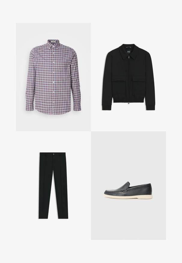 Czarna kurtka bomberka z kołnierzykiem, zapinana na zamek, z dwiema dużymi kieszeniami z klapami. Posiada ściągacze na mankietach i dole, wykonana z teksturowanej tkaniny.; Koszula z długim rękawem w kratę w kolorach czerwonym, niebieskim i białym. Wykonana z bawełny, z zaokrąglonym dołem.; Czarne spodnie materiałowe z prostymi nogawkami, wykonane z gładkiego materiału. Posiadają zamek na guzik z przodu oraz szlufki na pasek. Gładkie, bez wzorów.; Czarne skórzane slip-ony w stylu loafers z teksturowanym wykończeniem i kontrastującą beżową gumową podeszwą. Posiadają delikatny akcent wzdłuż przodu.
