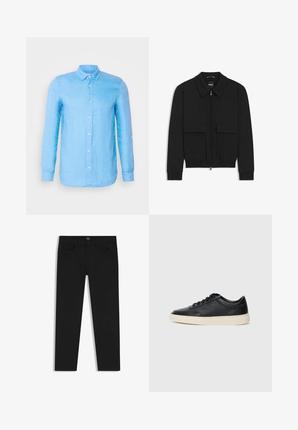 Zwarte bomberjack met een kraag, rits aan de voorkant en twee grote klepzakken. Heeft geribde manchetten en onderrand, gemaakt van textuurstof.; Lichtblauw, langarm overhemdd met knopen in een textuurstof. Heeft een klassieke kraag en witte knopen langs de voorkant en de manchetten.; Zwarte denim broek met een rechte snit, voorzien van een standaard tailleband, vijf zakken en een knoopsluiting. Gladde textuur overal.; Zwarte leren sneaker met lage schacht, zwarte veters en off-white zool, weergegeven in zijprofiel op een witte achtergrond.