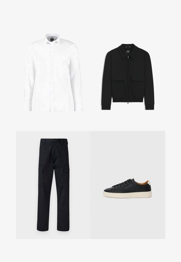 Zwarte bomberjack met een kraag, rits aan de voorkant en twee grote klepzakken. Heeft geribde manchetten en onderrand, gemaakt van textuurstof.; OLYMP No. Six OLYMP NO.6 SUPER SLIM FIT - Overhemd - weiss; Zwarte cargobroek van stevig materiaal, met een rechte pijp, twee zijzakken en een knoopsluiting bij de taille.; Zwarte leren sneakers met een gladde textuur, beige rubberen zool, vetersluiting en een contrasterende hielaccent.