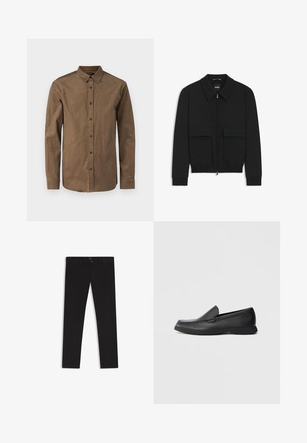 Giacca bomber nera con colletto, chiusura a zip frontale e due grandi tasche con patta. Presenta polsini e orlo a costine, realizzata in tessuto testurizzato.; Camicia marrone con bottoni, realizzata in tessuto testurizzato, dotata di colletto a punta e maniche lunghe con polsini abbottonati. Sette bottoni sul davanti.; Pantaloni neri realizzati in tessuto con una superficie liscia. Presentano una chiusura con bottone, passanti per cintura e tasche laterali. Design a gamba dritta standard.; Mocassino slip-on in pelle nera con sopra testurizzato, punta arrotondata, tacco basso e suola in gomma, mostrato in profilo laterale su sfondo bianco.