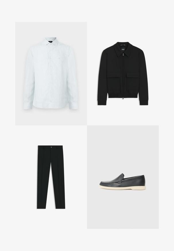 Svart bomberjacka med krage, dragkedja framtill och två stora klafffickor. Har ribbade mudd och nederkant, tillverkad av strukturerad tyg.; Herrskjorta med knapp-up i ljusblått med vita vertikala ränder, klassisk krage, långa ärmar och subtil logotyp på bröstet.; Svarta dressbyxor med rak bendesign, gjorda av ett mjukt tyg. Har stängning med frontknapp och bälteshällor. Enfärgade utan mönster.; Svarta läder slip-on loafers med en texturerad yta och en kontrasterande beige gummisula. Har en subtil accent längs fram.