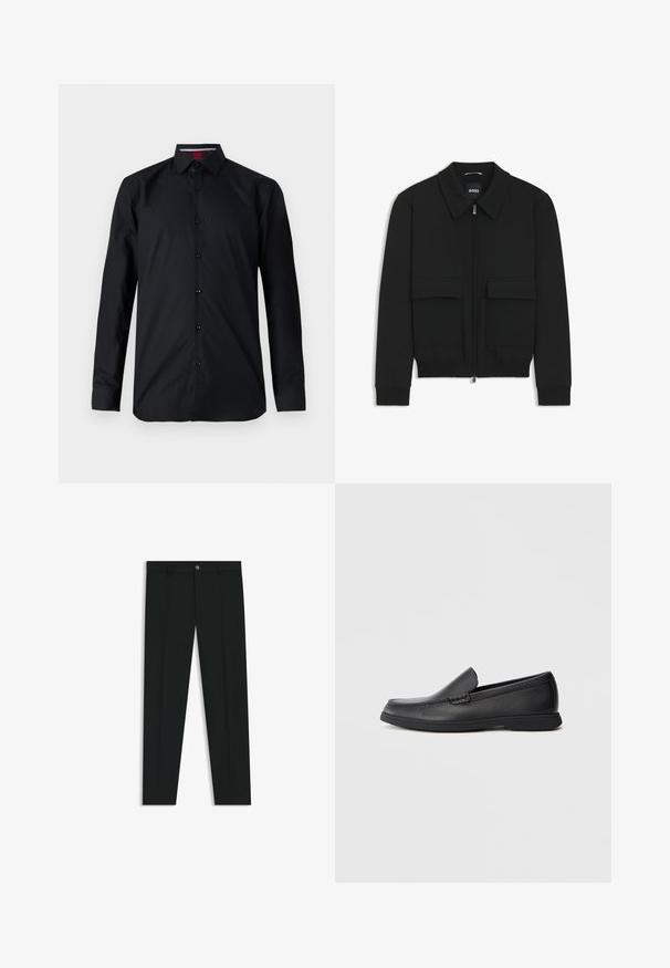 Schwarze Bikerjacke mit Kragen, Reißverschluss vorne und zwei großen Taschen mit Klappen. Mit Rippstrickbündchen und Saum, aus strukturiertem Stoff gefertigt.; Schwarzes Langarmshirt aus glattem Stoff. Verfügt über eine durchgehende Knopfleiste, einen klassischen Kragen und subtile Nähte. Verstärkte Manschetten.; Schwarze Anzughosen mit geradem Bein, aus glattem Stoff. Mit Knopfverschluss vorne und Gürtelschlaufen. Schlicht ohne Muster.; Schwarze Leder Slipper mit strukturiertem Obermaterial, runder Zehenform, niedrigem Absatz und Gummisohle, seitlich auf weißem Hintergrund abgebildet.