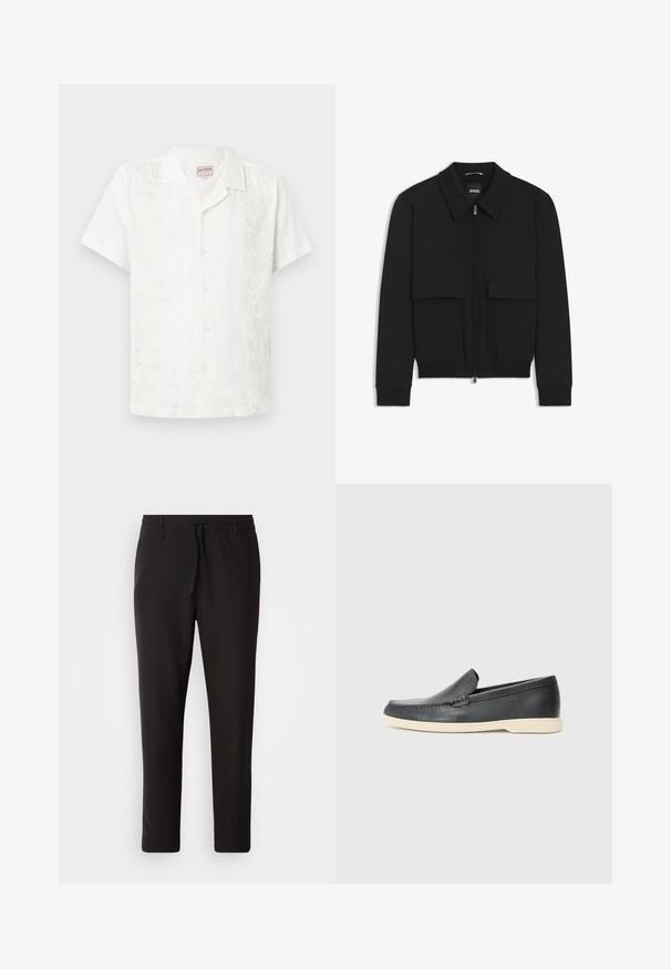 Czarna kurtka bomberka z kołnierzykiem, zapinana na zamek, z dwiema dużymi kieszeniami z klapami. Posiada ściągacze na mankietach i dole, wykonana z teksturowanej tkaniny.; Biała koszula na krótki rękaw z guzikami, wykonana z lnu, z kwiatowym haftem po lewej stronie, z kołnierzykiem typu camp i luźnym krojem.; Czarne spodnie dresowe wykonane z gładkiego materiału. Posiadają elastyczny pas ze sznurkiem, zwężane nogawki oraz brak widocznych kieszeni. Prosty design.; Czarne skórzane slip-ony w stylu loafers z teksturowanym wykończeniem i kontrastującą beżową gumową podeszwą. Posiadają delikatny akcent wzdłuż przodu.