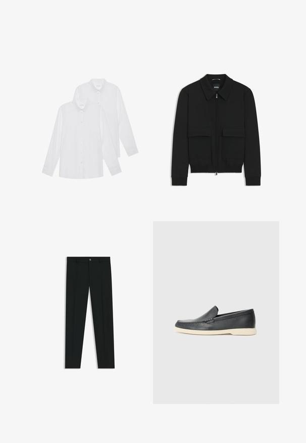 Musta pommikohva takki, jossa on kauluskulli, vetoketju etupuolella ja kaksi suurta läpällistä taskua. Varustettu ribbireunuksilla hihoissa ja helmassa, valmistettu teksturoituneesta kankaasta.; Valkoiset pitkähihaiset paidat kahden pakkauksessa, joissa on napitettava etuosa, kaulus ja hihansuut, valmistettu sileästä kankaasta ilman kuvioita.; Musta housut, joissa on suora lahje, valmistettu sileästä kankaasta. Edessä nappisulku ja vyölenkit. Yksinkertainen ilman kuvioita.; Mustat nahkakengät ilman nauhoja, joissa on teksturoitu pinta ja kontrastoiva beige kumipohja. Kengissä on hillitty yksityiskohta etuosassa.