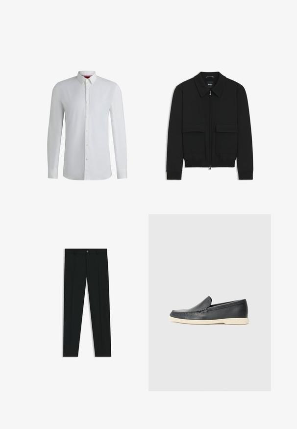 Czarna kurtka bomberka z kołnierzykiem, zapinana na zamek, z dwiema dużymi kieszeniami z klapami. Posiada ściągacze na mankietach i dole, wykonana z teksturowanej tkaniny.; Biała koszula z długim rękawem i kołnierzykiem zapinanym na guziki, charakteryzująca się gładką teksturą, prostym krojem oraz subtelnym detalem wzdłuż przodu.; Czarne spodnie materiałowe z prostymi nogawkami, wykonane z gładkiego materiału. Posiadają zamek na guzik z przodu oraz szlufki na pasek. Gładkie, bez wzorów.; Czarne skórzane slip-ony w stylu loafers z teksturowanym wykończeniem i kontrastującą beżową gumową podeszwą. Posiadają delikatny akcent wzdłuż przodu.