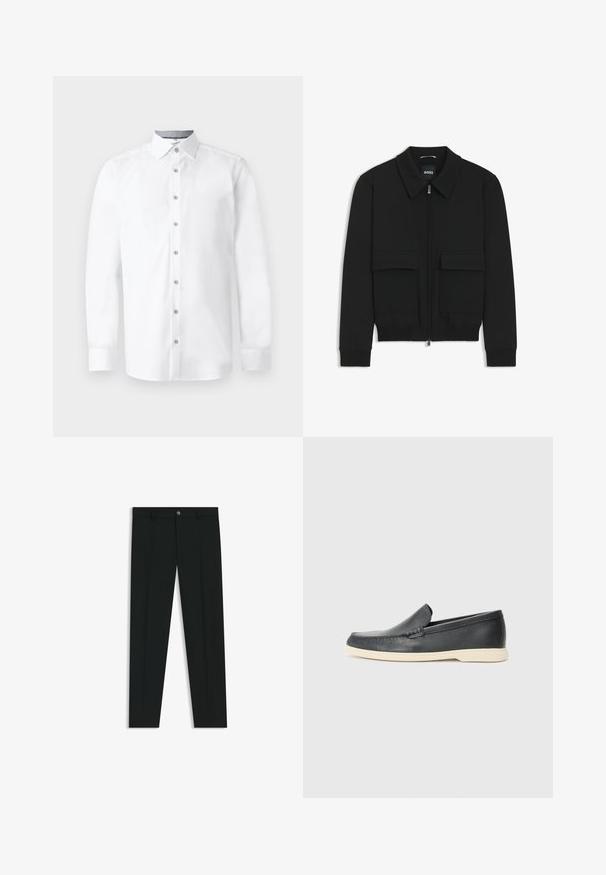 Giacca bomber nera con colletto, chiusura a zip frontale e due grandi tasche con patta. Presenta polsini e orlo a costine, realizzata in tessuto testurizzato.; Camicia bianca con maniche lunghe, chiusura frontale con bottoni, colletto a punta e texture liscia. Presenta sei bottoni e maniche a polsino.; Pantaloni neri in tessuto lisci, con design a gamba dritta. Presentano una chiusura frontale con bottone e passanti per cintura. Senza fantasie.; Mocassini neri in pelle con finitura testurizzata e suola in gomma beige a contrasto. Presentano un accento sottile lungo la parte anteriore.