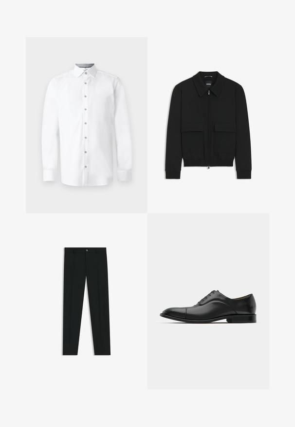 Giacca bomber nera con colletto, chiusura a zip frontale e due grandi tasche con patta. Presenta polsini e orlo a costine, realizzata in tessuto testurizzato.; Camicia bianca con maniche lunghe, chiusura frontale con bottoni, colletto a punta e texture liscia. Presenta sei bottoni e maniche a polsino.; Pantaloni neri in tessuto lisci, con design a gamba dritta. Presentano una chiusura frontale con bottone e passanti per cintura. Senza fantasie.; Scarpa da uomo in pelle nera con texture liscia, punta arrotondata e cinque occhielli. Presenta un tacco basso impilato e dettagli di cucitura sottili.