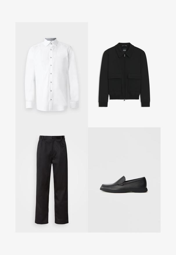 Giacca bomber nera con colletto, chiusura a zip frontale e due grandi tasche con patta. Presenta polsini e orlo a costine, realizzata in tessuto testurizzato.; Camicia bianca con maniche lunghe, chiusura frontale con bottoni, colletto a punta e texture liscia. Presenta sei bottoni e maniche a polsino.; Pantaloni neri realizzati in tessuto morbido, con chiusura frontale a bottone, pieghe e gambe dritte. Nessun motivo o accento visibile.; Mocassino slip-on in pelle nera con sopra testurizzato, punta arrotondata, tacco basso e suola in gomma, mostrato in profilo laterale su sfondo bianco.