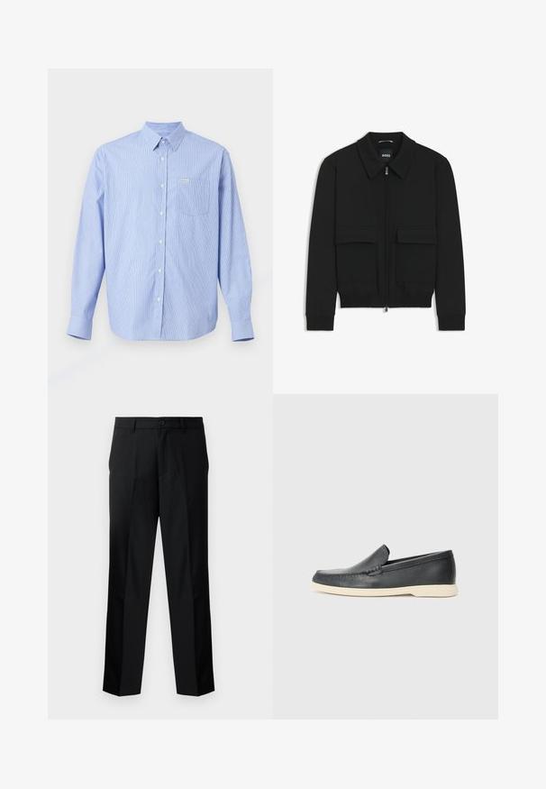 Zwarte bomberjack met een kraag, rits aan de voorkant en twee grote klepzakken. Heeft geribde manchetten en onderrand, gemaakt van textuurstof.; Lichtblauwe overhemdd met verticale witte strepen, lange mouwen, puntige kraag, één borstzak en een klein merklabel.; Zwarte op maat gemaakte broek met een rechte snit, voorzien van een knoopsluiting, ritssluiting en riemlussen. Glad stof met zijzakken.; Zwarte leren instappers met een gestructureerde afwerking en een contrasterende beige rubberen zool. Beschikt over een subtiele accent langs de voorkant.