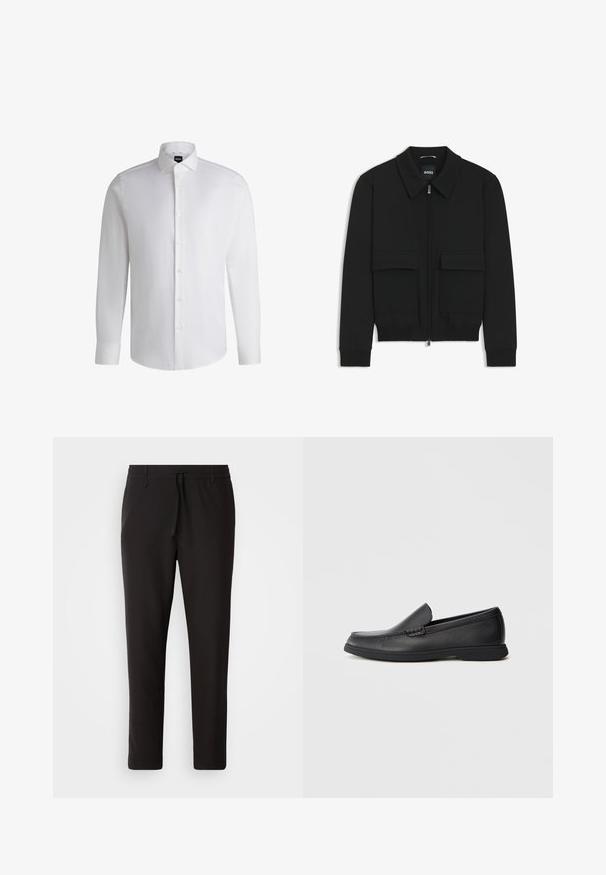 Giacca bomber nera con colletto, chiusura a zip frontale e due grandi tasche con patta. Presenta polsini e orlo a costine, realizzata in tessuto testurizzato.; Camicia bianca a maniche lunghe in cotone morbido, con colletto classico, chiusura a bottoni completa e polsini con bottone. Design minimalista.; Pantaloni jogger neri realizzati in tessuto liscio. Presentano una vita elasticizzata con stringa, gambe affusolate e senza tasche visibili. Design semplice.; Mocassino slip-on in pelle nera con sopra testurizzato, punta arrotondata, tacco basso e suola in gomma, mostrato in profilo laterale su sfondo bianco.