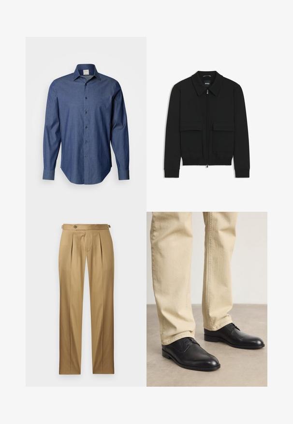 Zwarte bomberjack met een kraag, rits aan de voorkant en twee grote klepzakken. Heeft geribde manchetten en onderrand, gemaakt van textuurstof.; Donkerblauw button-up shirt van stof met een subtiele textuur. Heeft een spreidkraag en lange mouwen met knopenmanchetten.; Beige broek met een rechte pasvorm, voorzien van plooien, een knoopsluiting en riemlussen. Gladde stof met een nette, op maat gemaakte uitstraling.; Zwarte leren veterschoenen met een ronde neus, een gladde afwerking en subtiele stikdetails, gedragen met lichtbeige broeken.