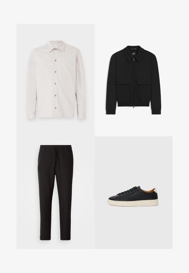 Schwarze Bikerjacke mit Kragen, Reißverschluss vorne und zwei großen Taschen mit Klappen. Mit Rippstrickbündchen und Saum, aus strukturiertem Stoff gefertigt.; Helles beiges Hemd mit Knopfleiste, Kragen, langen Ärmeln, einer Brusttasche und strukturiertem Stoff. Verfügt über sechs Knöpfe auf der Vorderseite.; Schwarze Jogginghose aus glattem Stoff. Mit einem elastischen Bund und Kordelzug, schmal zulaufenden Beinen und ohne sichtbare Taschen. Einfaches Design.; Schwarze Ledersneaker mit glatter Textur, beiger Gummisohle, Schnürdesign und einem kontrastierenden Fersenakzent.