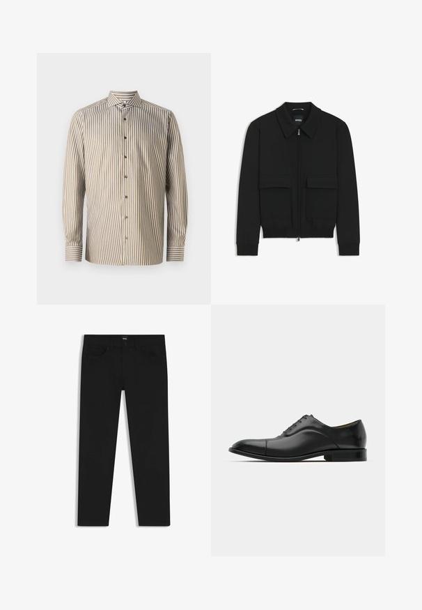 Giacca bomber nera con colletto, chiusura a zip frontale e due grandi tasche con patta. Presenta polsini e orlo a costine, realizzata in tessuto testurizzato.; Camicia button-up a righe marrone e bianca, maniche lunghe, colletto classico, presenta righe verticali e dettagli in contrasto ai polsini.; Pantaloni in denim nero con taglio dritto, dotati di vita standard, cinque tasche e chiusura con bottone. Texture liscia su tutta la superficie.; Scarpa da uomo in pelle nera con texture liscia, punta arrotondata e cinque occhielli. Presenta un tacco basso impilato e dettagli di cucitura sottili.