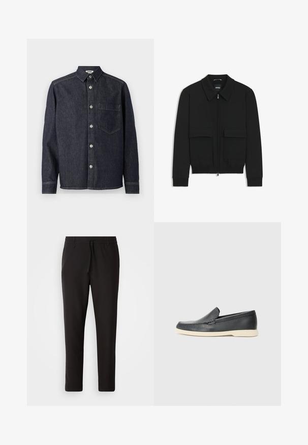 Giacca bomber nera con colletto, chiusura a zip frontale e due grandi tasche con patta. Presenta polsini e orlo a costine, realizzata in tessuto testurizzato.; Camicia in denim scuro con collo a punta, maniche lunghe, tasca frontale e bottoni argentati, caratterizzata da una trama robusta e orlo dritto.; Pantaloni jogger neri realizzati in tessuto liscio. Presentano una vita elasticizzata con stringa, gambe affusolate e senza tasche visibili. Design semplice.; Mocassini neri in pelle con finitura testurizzata e suola in gomma beige a contrasto. Presentano un accento sottile lungo la parte anteriore.