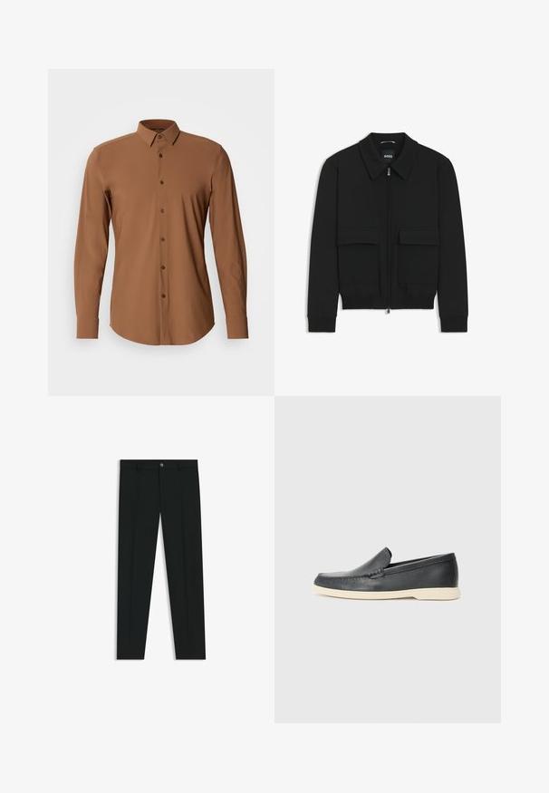 Zwarte bomberjack met een kraag, rits aan de voorkant en twee grote klepzakken. Heeft geribde manchetten en onderrand, gemaakt van textuurstof.; Langsleeve bruin shirt met een button-down kraag, een soepele textuur en bruine knopen. Kenmerkt zich door een gebogen zoom en een getailleerde pasvorm.; Zwarte dresspants met een recht pasvorm, gemaakt van een gladde stof. Heeft een sluiting met een knoop aan de voorkant en ceintuurlussen. Effen zonder patronen.; Zwarte leren instappers met een gestructureerde afwerking en een contrasterende beige rubberen zool. Beschikt over een subtiele accent langs de voorkant.