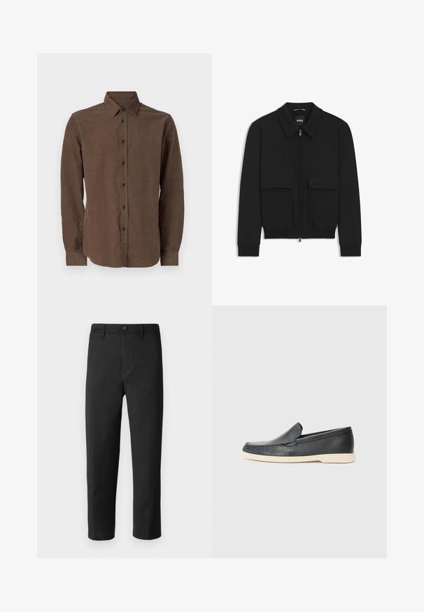 Zwarte bomberjack met een kraag, rits aan de voorkant en twee grote klepzakken. Heeft geribde manchetten en onderrand, gemaakt van textuurstof.; Bruine lange mouwen shirt van een gestructureerde stof, met een klassieke kraag en knoopsluiting aan de voorkant.; Zwarte broek met een rechte snit, gemaakt van gladde stof. Voorzien van een knoopsluiting en riemlussen. Geen zichtbare patronen of accenten.; Zwarte leren instappers met een gestructureerde afwerking en een contrasterende beige rubberen zool. Beschikt over een subtiele accent langs de voorkant.