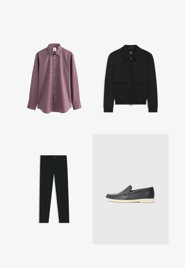 Svart bomberjacka med krage, dragkedja framtill och två stora klafffickor. Har ribbade mudd och nederkant, tillverkad av strukturerad tyg.; Next REGULAR FIT SINGLE CUFF - Kostymskjorta - mauve pink; Svarta dressbyxor med rak bendesign, gjorda av ett mjukt tyg. Har stängning med frontknapp och bälteshällor. Enfärgade utan mönster.; Svarta läder slip-on loafers med en texturerad yta och en kontrasterande beige gummisula. Har en subtil accent längs fram.