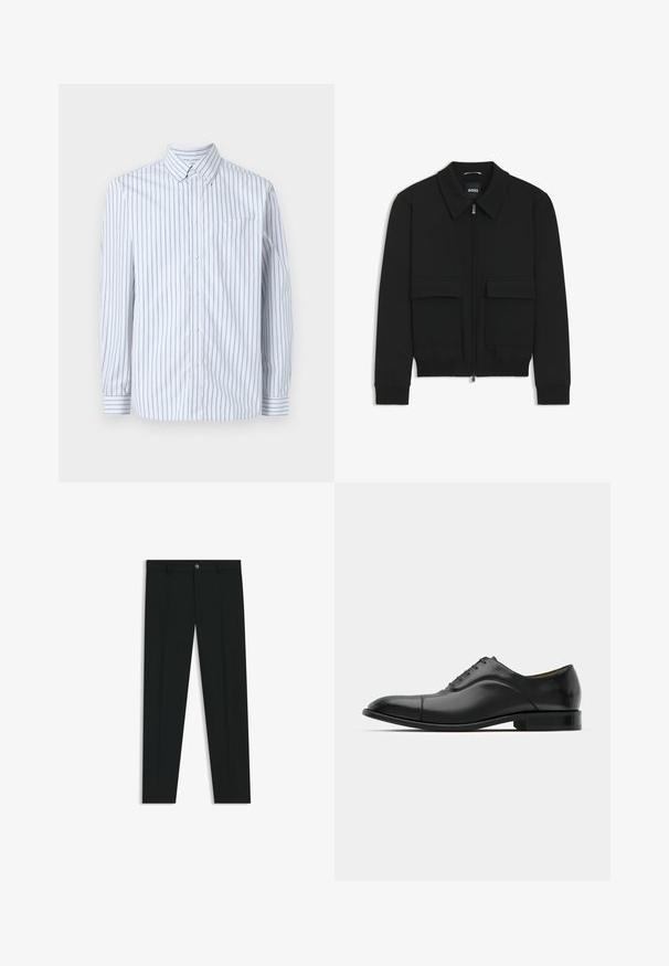 Black bomber jacket with a collared neck, zip front, and two large flap pockets. Features ribbed cuffs and hem, made of textured fabric.; Long-sleeve button-up shirt in light blue and white striped cotton fabric, featuring a chest pocket and button-down collar.; Black dress pants with a straight-leg design, made of smooth fabric. Features a front button closure and belt loops. Plain without patterns.; Black leather dress shoe with smooth texture, rounded toe, and five eyelets. Features a low stacked heel and subtle seam detailing.