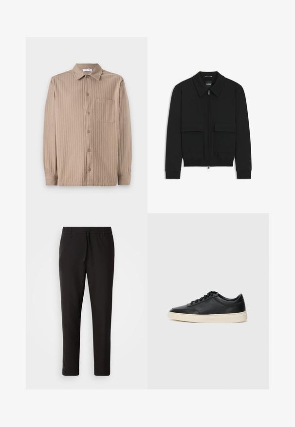 Giacca bomber nera con colletto, chiusura a zip frontale e due grandi tasche con patta. Presenta polsini e orlo a costine, realizzata in tessuto testurizzato.; Camicia beige con bottoni, caratterizzata da una texture a righe, dotata di colletto, maniche lunghe e taschino sul petto. Realizzata in tessuto morbido.; Pantaloni jogger neri realizzati in tessuto liscio. Presentano una vita elasticizzata con stringa, gambe affusolate e senza tasche visibili. Design semplice.; Sneaker in pelle nera a basso profilo con lacci neri e suola avorio, mostrato di profilo su sfondo bianco.