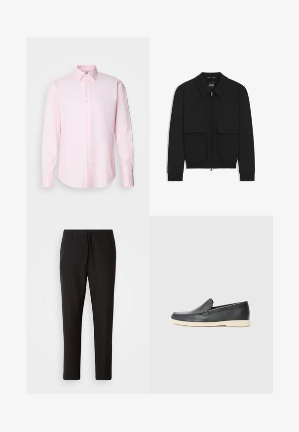 Zwarte bomberjack met een kraag, rits aan de voorkant en twee grote klepzakken. Heeft geribde manchetten en onderrand, gemaakt van textuurstof.; Lichtroze langarmshirt van textiel met een structuur, met een standaard kraag en knoopsluiting aan de voorkant.; Zwarte joggingsbroek van gladde stof. Kenmerkt zich door een elastische tailleband met een trekkoord, taps toelopende benen en geen zichtbare zakken. Eenvoudig ontwerp.; Zwarte leren instappers met een gestructureerde afwerking en een contrasterende beige rubberen zool. Beschikt over een subtiele accent langs de voorkant.