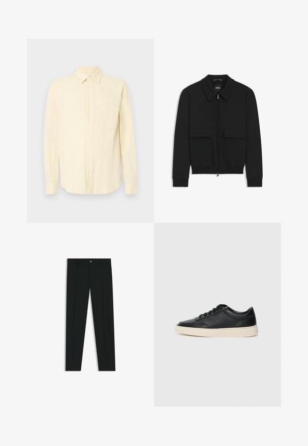 Svart bomberjacka med krage, dragkedja framtill och två stora klafffickor. Har ribbade mudd och nederkant, tillverkad av strukturerad tyg.; Ljust gul knapp-up skjorta med vertikala vita ränder, krage, långa ärmar och en bröstficka. Texturerad tyg.; Svarta dressbyxor med rak bendesign, gjorda av ett mjukt tyg. Har stängning med frontknapp och bälteshällor. Enfärgade utan mönster.; Svart låg skor i läder med svarta snören och off-white sula, visas i sidoprofil på vit bakgrund.