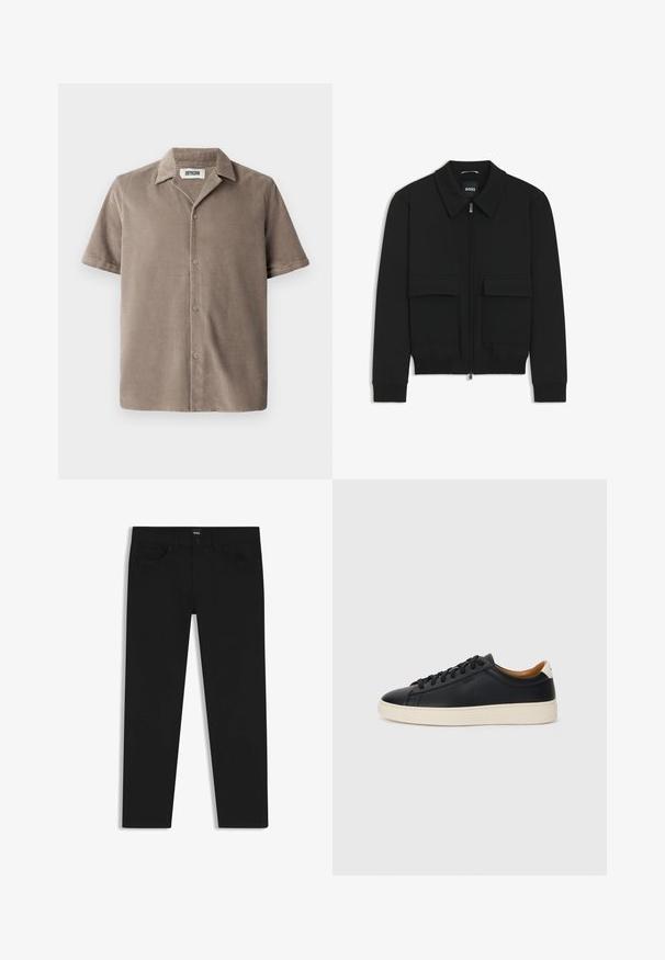 Sort bomberjakke med krave, lynlås foran og to store klaplommer. Har ribbede manchetter og bund, lavet af struktureret stof.; Kortærmet skjorte i lys brun kordfløjl, med en klapkrave, knaplukning foran og en afslappet pasform med subtil tekstur.; Sorte denimbukser med lige pasform, der har en standard talje, fem lommer og en knaplukning. Glat struktur over det hele.; Sorte lædersneakers med en glat overflade, beige gummisål, snørebåndsdesign og en kontrastfarvet hæl.
