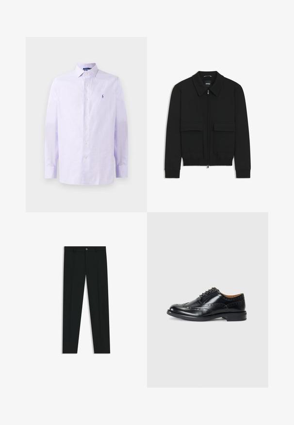 Svart bomberjacka med krage, dragkedja framtill och två stora klafffickor. Har ribbade mudd och nederkant, tillverkad av strukturerad tyg.; Ljuslila skjorta med knappar i rutigt mönster, med klassisk krage, långa ärmar och en liten broderad logotyp på bröstet.; Svarta dressbyxor med rak bendesign, gjorda av ett mjukt tyg. Har stängning med frontknapp och bälteshällor. Enfärgade utan mönster.; Tommy Hilfiger VOGUE - Eleganta snörskor - black