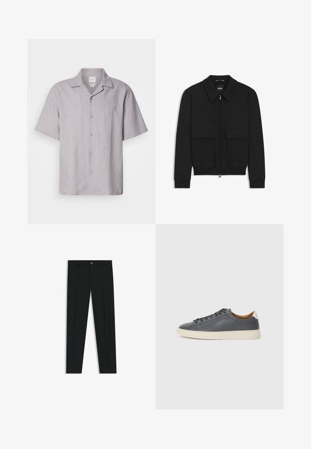 Schwarze Bikerjacke mit Kragen, Reißverschluss vorne und zwei großen Taschen mit Klappen. Mit Rippstrickbündchen und Saum, aus strukturiertem Stoff gefertigt.; Kurzärmeliges, hellgraues Hemd aus Leinen mit Knopfleiste. Es hat einen spitzen Kragen und eine dezente Struktur mit sechs Knöpfen vorne.; Schwarze Anzughosen mit geradem Bein, aus glattem Stoff. Mit Knopfverschluss vorne und Gürtelschlaufen. Schlicht ohne Muster.; Graue Lederturnschuhe mit runder Zehenpartie, Gummisohle, flachen Schnürsenkeln und hellen Akzenten an der Ferse. Glatte Textur und minimalistisches Design.
