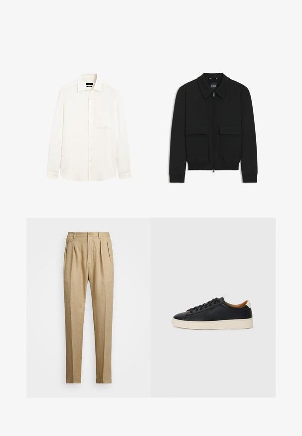 Schwarze Bikerjacke mit Kragen, Reißverschluss vorne und zwei großen Taschen mit Klappen. Mit Rippstrickbündchen und Saum, aus strukturiertem Stoff gefertigt.; Langärmliges, cremefarbenes Hemd aus leichtem Leinen mit einem Button-Down-Kragen und einer einzelnen Brusttasche. Das Hemd hat eine lockere Passform.; Beige Leinenhose mit geradem Schnitt, ausgestattet mit zwei vorderen Falten, einem Knopfverschluss und seitlichen Taschen. Strukturierter Stoff mit glatter Oberfläche.; Schwarze Ledersneaker mit glatter Textur, beiger Gummisohle, Schnürdesign und einem kontrastierenden Fersenakzent.