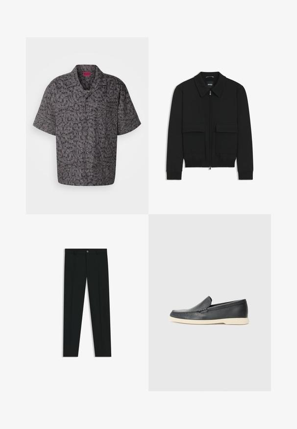 Zwarte bomberjack met een kraag, rits aan de voorkant en twee grote klepzakken. Heeft geribde manchetten en onderrand, gemaakt van textuurstof.; Korte mouw shirt van donkergrijze stof met een herhalend patroon van het woord "Hugo" in verschillende maten en tinten. Knopen aan de voorkant.; Zwarte dresspants met een recht pasvorm, gemaakt van een gladde stof. Heeft een sluiting met een knoop aan de voorkant en ceintuurlussen. Effen zonder patronen.; Zwarte leren instappers met een gestructureerde afwerking en een contrasterende beige rubberen zool. Beschikt over een subtiele accent langs de voorkant.