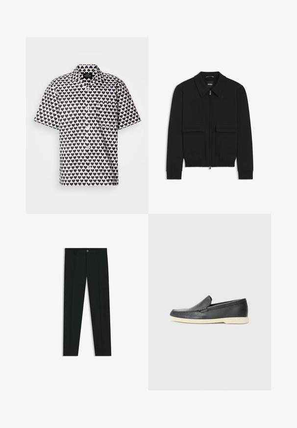 Giacca bomber nera con colletto, chiusura a zip frontale e due grandi tasche con patta. Presenta polsini e orlo a costine, realizzata in tessuto testurizzato.; Camicia a maniche corte in tessuto bianco con motivo a cuori blu navy. Caratterizzata da una chiusura frontale con bottoni, colletto e una tasca sul lato sinistro del petto.; Pantaloni neri in tessuto lisci, con design a gamba dritta. Presentano una chiusura frontale con bottone e passanti per cintura. Senza fantasie.; Mocassini neri in pelle con finitura testurizzata e suola in gomma beige a contrasto. Presentano un accento sottile lungo la parte anteriore.
