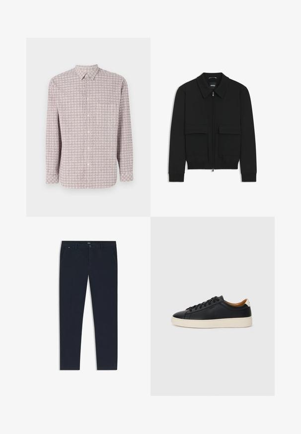 Black bomber jacket with a collared neck, zip front, and two large flap pockets. Features ribbed cuffs and hem, made of textured fabric.; Long-sleeve, button-up shirt in light pink with a textured square pattern. Cotton fabric, classic collar, and button closure.; Navy blue trousers made of lightweight fabric, featuring a straight leg design, side pockets, and a front button closure with branding detail.; Black leather sneakers with a smooth texture, beige rubber sole, lace-up design, and a contrasting heel accent.