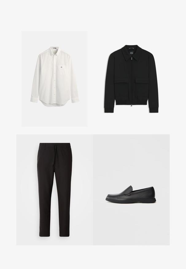 Giacca bomber nera con colletto, chiusura a zip frontale e due grandi tasche con patta. Presenta polsini e orlo a costine, realizzata in tessuto testurizzato.; Camicia bianca classica in cotone, con taschino sul petto e un piccolo logo. Maniche lunghe e orlo leggermente arrotondato.; Pantaloni jogger neri realizzati in tessuto liscio. Presentano una vita elasticizzata con stringa, gambe affusolate e senza tasche visibili. Design semplice.; Mocassino slip-on in pelle nera con sopra testurizzato, punta arrotondata, tacco basso e suola in gomma, mostrato in profilo laterale su sfondo bianco.