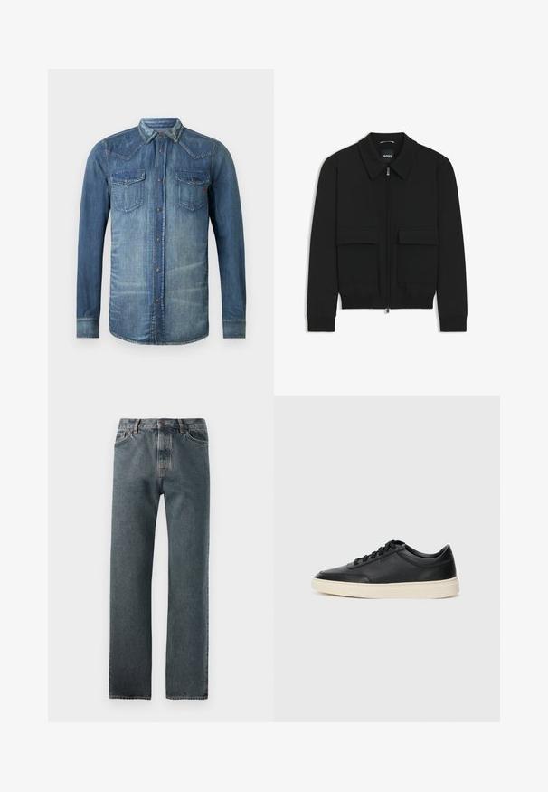Giacca bomber nera con colletto, chiusura a zip frontale e due grandi tasche con patta. Presenta polsini e orlo a costine, realizzata in tessuto testurizzato.; Camicia di jeans, azzurro chiaro, maniche lunghe, chiusura a bottoni sul davanti, due tasche sul petto, yoke in stile western e rifiniture in cucitura, finitura sbiadita.; Jeans in denim lavati scuri, con un design a gamba dritta, cuciture sottili e chiusura con bottone, dotati di cinque tasche.; Sneaker in pelle nera a basso profilo con lacci neri e suola avorio, mostrato di profilo su sfondo bianco.