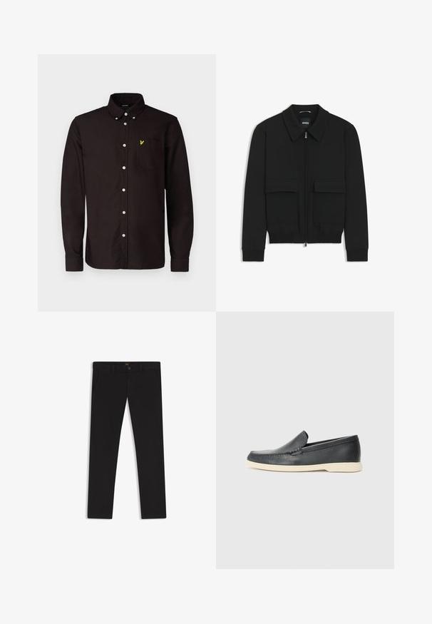 Zwarte bomberjack met een kraag, rits aan de voorkant en twee grote klepzakken. Heeft geribde manchetten en onderrand, gemaakt van textuurstof.; Lyle & Scott PLAIN - Overhemd - sediment; Zwarte broek van stof met een gladde textuur. Bevat een knoopsluiting, riemlussen en zijzakken. Standaard straight-leg ontwerp.; Zwarte leren instappers met een gestructureerde afwerking en een contrasterende beige rubberen zool. Beschikt over een subtiele accent langs de voorkant.