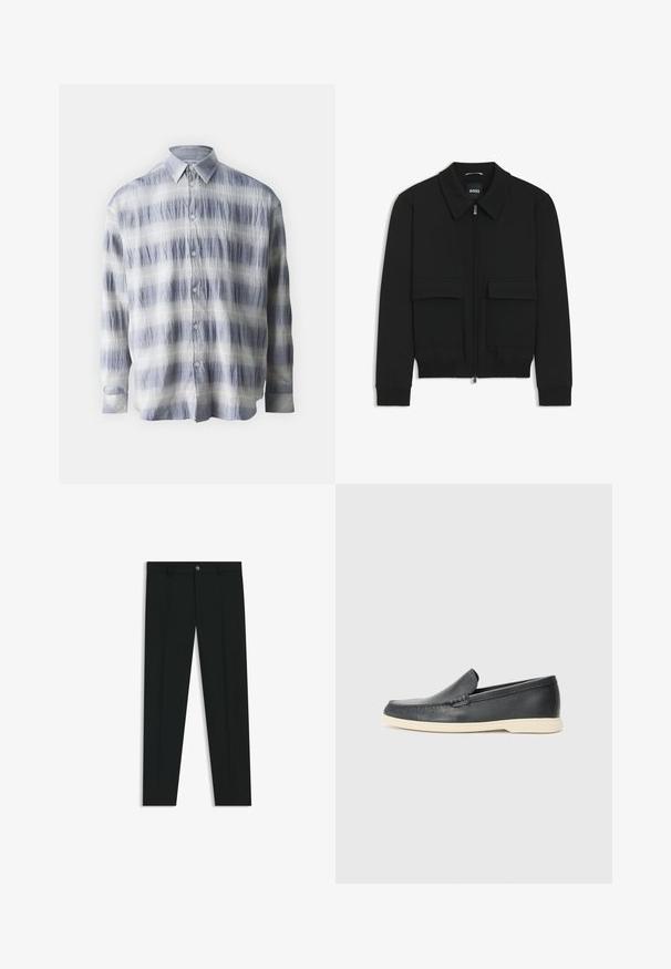 Schwarze Bikerjacke mit Kragen, Reißverschluss vorne und zwei großen Taschen mit Klappen. Mit Rippstrickbündchen und Saum, aus strukturiertem Stoff gefertigt.; Button-up-Hemd aus strukturiertem Stoff in Blau und Weiß mit einem gestreiften Muster, verfügt über lange Ärmel und einen klassischen Kragen.; Schwarze Anzughosen mit geradem Bein, aus glattem Stoff. Mit Knopfverschluss vorne und Gürtelschlaufen. Schlicht ohne Muster.; Schwarze Leder-Slipper mit strukturiertem Finish und einer kontrastierenden beige Gummisohle. Mit einem dezenten Akzent an der Vorderseite.