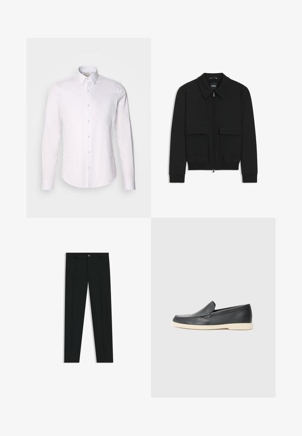 Chaqueta bomber negra con cuello tipo camisa, cierre frontal de cremallera y dos grandes bolsillos con solapa. Presenta puños ribeteados y dobladillo, confeccionada en tela texturizada.; Camisa blanca de manga larga hecha de una tela suave, con cuello tipo botón, presenta una tapeta de botones completa y un dobladillo redondeado.; Pantalones de vestir negros con un diseño de pierna recta, hechos de una tela suave. Cuentan con un cierre frontal de botón y lazos para cinturón. Liso, sin patrones.; Mocasines de piel negra sin cordones con un acabado texturizado y una suela de goma beige en contraste. Presentan un sutil acento en la parte frontal.