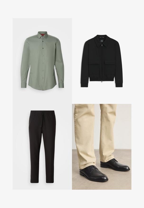 Veste bomber noire avec col, fermeture éclair à l'avant et deux grandes poches à rabat. Dotée de poignets et d'un bas côtelés, fabriquée en tissu texturé.; Chemise à manches longues en vert doux, en tissu léger. Comprend un col boutonné, des boutons gris et un ourlet arrondi.; Pantalons de jogging noirs en tissu lisse. Dotés d'une taille élastique avec cordon de serrage, jambes fuselées, et sans poches visibles. Design simple.; Chaussures noires en cuir à lacets avec un bout arrondi, finition lisse et détails de couture subtils, portées avec un pantalon beige clair.