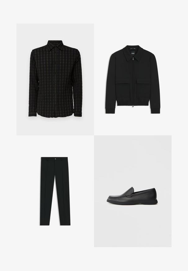 Giacca bomber nera con colletto, chiusura a zip frontale e due grandi tasche con patta. Presenta polsini e orlo a costine, realizzata in tessuto testurizzato.; Maglietta nera a maniche lunghe con un motivo a quadri testurizzato in tonalità scure, dotata di chiusura frontale a bottoni, colletto e polsini con righe abbinate.; Pantaloni neri in tessuto lisci, con design a gamba dritta. Presentano una chiusura frontale con bottone e passanti per cintura. Senza fantasie.; Mocassino slip-on in pelle nera con sopra testurizzato, punta arrotondata, tacco basso e suola in gomma, mostrato in profilo laterale su sfondo bianco.